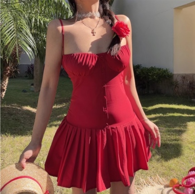 Sexy low-cut stitching suspenders pleated miniskirt dress