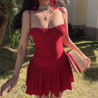 Sexy low-cut stitching suspenders pleated miniskirt dress - Thumbnail 5