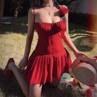 Sexy low-cut stitching suspenders pleated miniskirt dress - Thumbnail 6