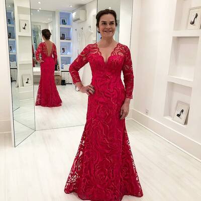 Elegant mother of the bride/groom dress red lace 3/4 long sleeve evening formal prom dress