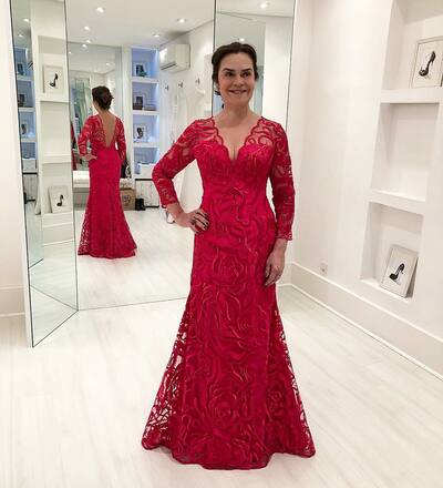 Elegant Mother of the Bride/Groom Dress Red Lace 3/4 Long Sleeve Evening Formal Prom Dress