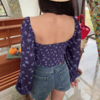 Sexy Square Neck Holiday Casual Floral Print Long Sleeve Shirt - Thumbnail 4