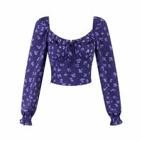 Sexy Square Neck Holiday Casual Floral Print Long Sleeve Shirt - Thumbnail 5