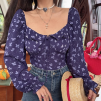 Sexy Square Neck Holiday Casual Floral Print Long Sleeve Shirt - Thumbnail 2