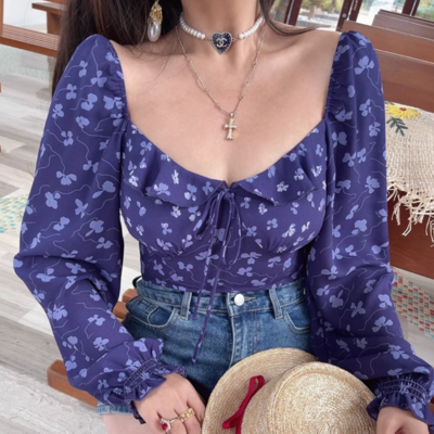 Sexy square neck holiday casual floral print long sleeve shirt