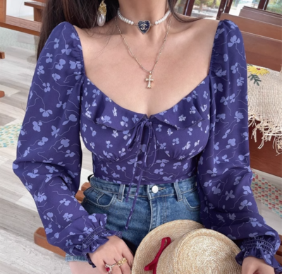 Sexy Square Neck Holiday Casual Floral Print Long Sleeve Shirt