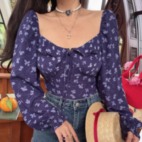 Sexy Square Neck Holiday Casual Floral Print Long Sleeve Shirt - Thumbnail 1