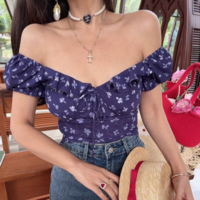 Square neck open back puff sleeve small floral casual shirt - Thumbnail 1