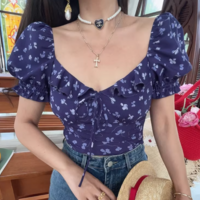 Square neck open back puff sleeve small floral casual shirt - Thumbnail 4