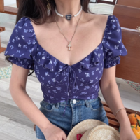 Square neck open back puff sleeve small floral casual shirt - Thumbnail 5