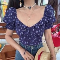 Square neck open back puff sleeve small floral casual shirt - Thumbnail 6