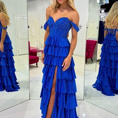 Cute off the shoulder royal blue a line prom dresses,pd230891