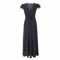 Lace Polka Dot Dress Lace Stitching Retro V-neck Midi Dress - Thumbnail 1