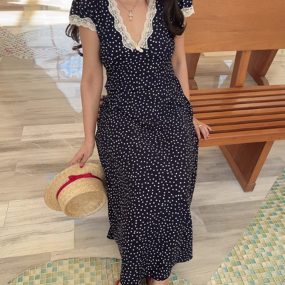 Lace polka dot dress lace stitching retro v-neck midi dress