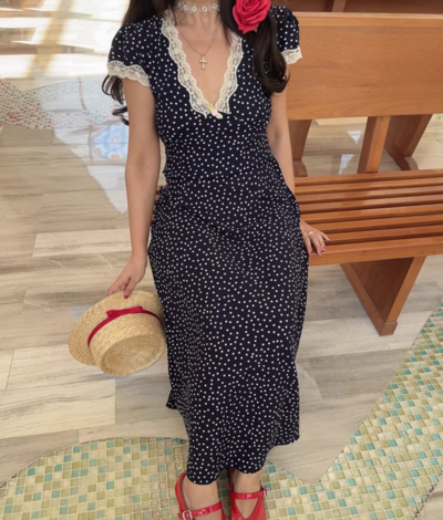 Lace Polka Dot Dress Lace Stitching Retro V-neck Midi Dress