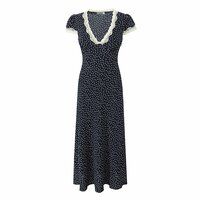 Lace Polka Dot Dress Lace Stitching Retro V-neck Midi Dress - Thumbnail 2