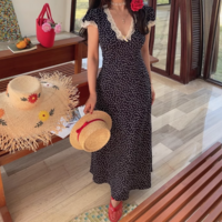 Lace Polka Dot Dress Lace Stitching Retro V-neck Midi Dress - Thumbnail 3