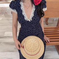 Lace Polka Dot Dress Lace Stitching Retro V-neck Midi Dress - Thumbnail 4