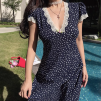 Lace Polka Dot Dress Lace Stitching Retro V-neck Midi Dress - Thumbnail 5