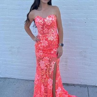 Cute Coral Lace Sequins Long Mermaid Prom Dresses with Slit ,PD230895 - Thumbnail 1