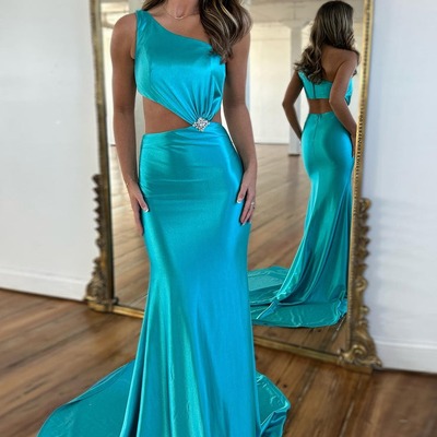 Charming one shoulder teal satin mermaid prom dresses ,pd230904 - Thumbnail 2