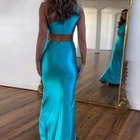 Charming One Shoulder Teal Satin Mermaid Prom Dresses ,PD230904 - Thumbnail 1