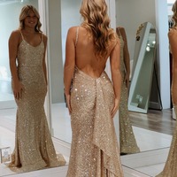 Charming V Neck Champagne Sequins Long Mermaid Prom Dresses ,PD230906 - Thumbnail 1