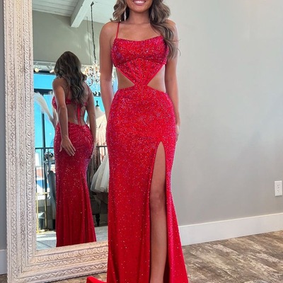 Charming straps red satin long mermaid prom dresses with beading,pd230907