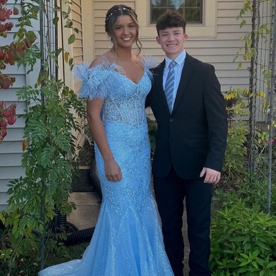 Cute off the shoulder light blue lace mermaid prom dresses,pd230908