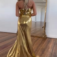 Charming Strapless Gold Satin Long Mermaid Prom Dresses with Beading,PD230909 - Thumbnail 1
