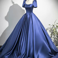 Blue Satin Long Formal Evening Dresses - Thumbnail 1