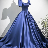 Blue Satin Long Formal Evening Dresses - Thumbnail 2