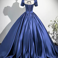 Blue Satin Long Formal Evening Dresses - Thumbnail 3