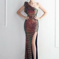 One Shoulder Slit Sequin Evening Dress - Thumbnail 2