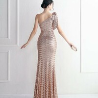 One Shoulder Slit Sequin Evening Dress - Thumbnail 8