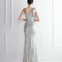 One Shoulder Slit Sequin Evening Dress - Thumbnail 1