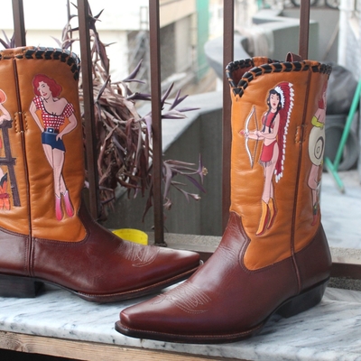 Crafted leather classic dress shoes brown leather women fashion ankle cowboy pointed toe boot 