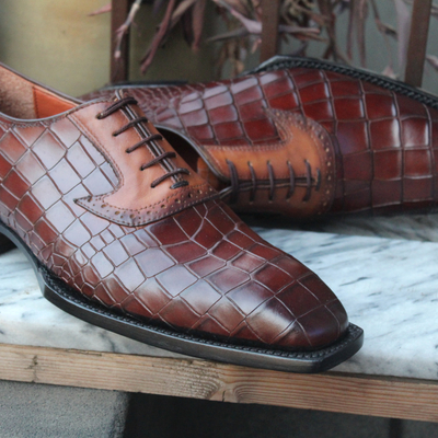 Crafted leather handmade men brown crocodile/alligator leather dress shoes - Thumbnail 2