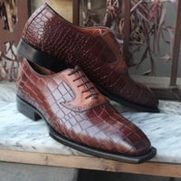 Crafted Leather Handmade Men Brown Crocodile/Alligator Leather Dress Shoes - Thumbnail 1