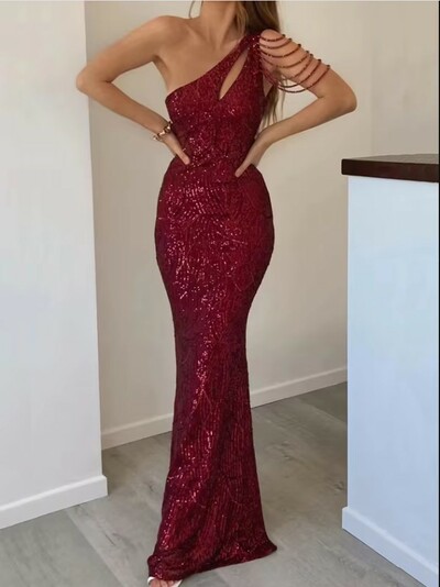 Elegant One Shoulder Beautiful Sequins Evening Gown