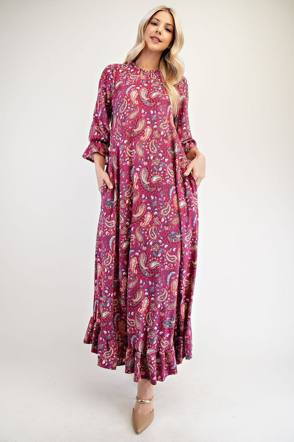 Magenta Paisley Print Plus Modest Maxi Dress by Celeste