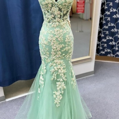 Charming v neck sage green lace mermaid prom dress with appliques,pd230912