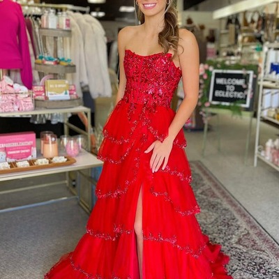 Cute scoop neck red tulle tiered a line prom dresses with beading ,pd230915