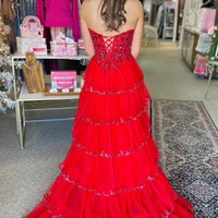 Cute Scoop Neck Red Tulle Tiered A Line Prom Dresses with Beading ,PD230915 - Thumbnail 1