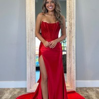 Cute Scoop Neck Red Satin Mermaid Prom Dresses with Appliques ,PD230916 - Thumbnail 1