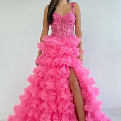 Cute sweetheart pink tiered tulle a line prom dresses ,pd230917
