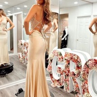 Charming V Neck Champagne Satin Mermaid Prom Dresses with Appliques,PD230919 - Thumbnail 1