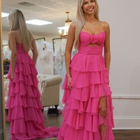 Cute Sweetheart Pink Chiffon Tiered A Line Long Prom Dresses with Slit,PD230920 - Thumbnail 2