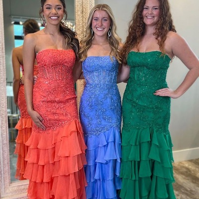 Cute chiffon tiered scoop neck long prom dresses with appliques ,pd230921