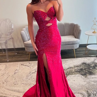 Cute sweetheart fuchsia satin long mermaid prom dresses with beading ,pd230922